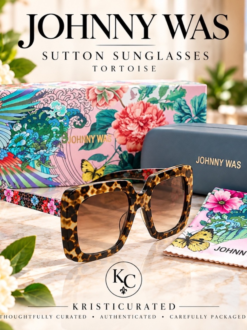 Johnny Was Sutton Sandra Sunglasses Tortoise Floral Oversized NIB